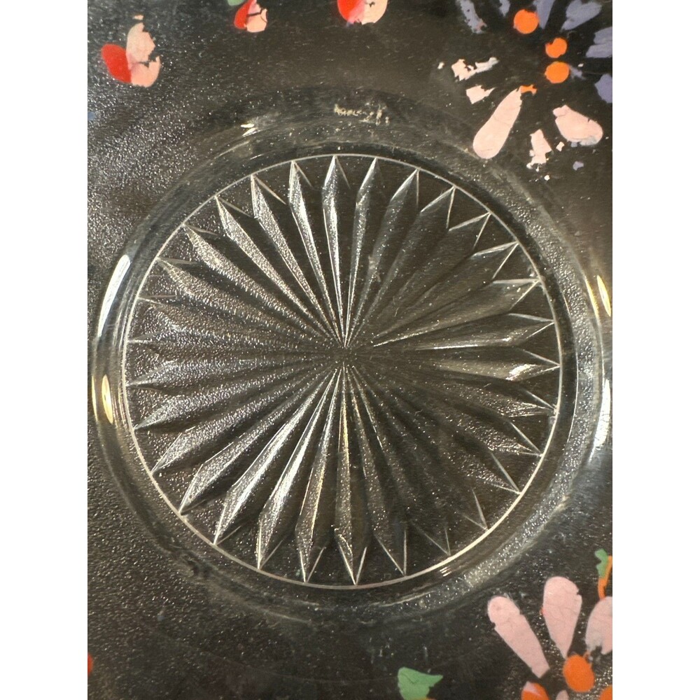 Vintage Clear Glass Plate Hand Painted Floral Enamel 7.25" Starburst Center - Picture 4 of 8